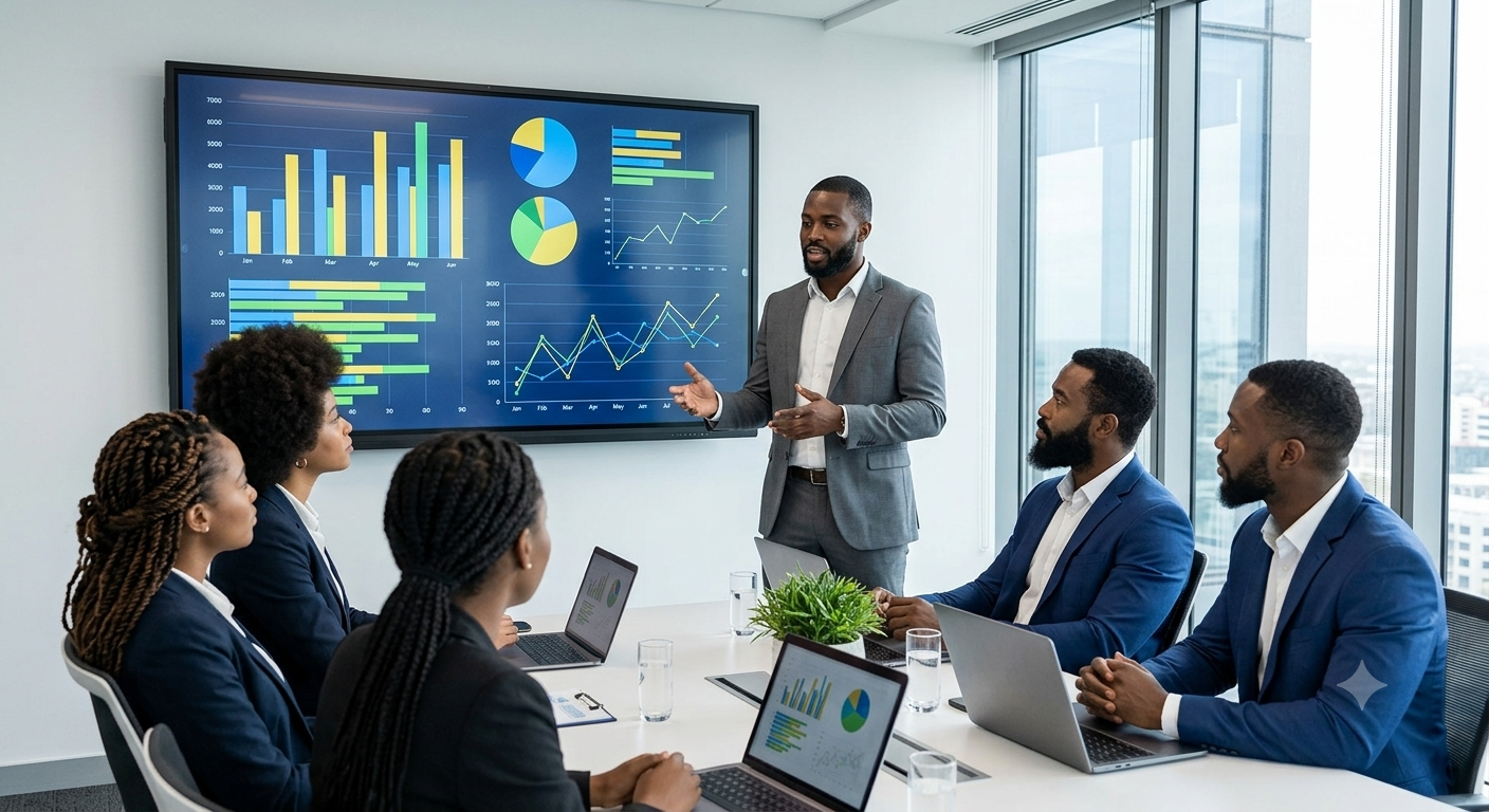 Team reviewing SAP dashboards in a meeting room