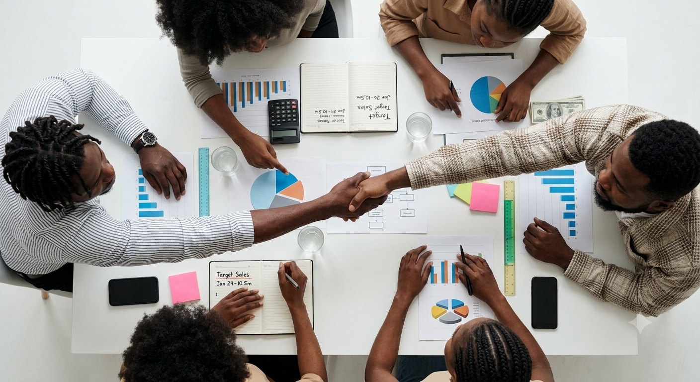 Insurance professionals reviewing documents in a bright office meeting